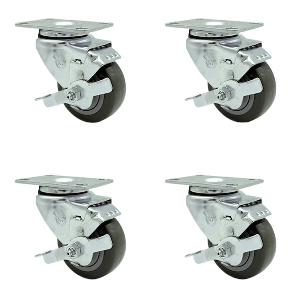 3.5 Inch Gray Polyurethane Wheel Swivel Top Plate Caster Set with Brake SCC